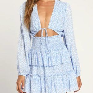 Lulu's Cheery Cutie Light Blue Floral Print Tie-Front Tiered Mini Dress